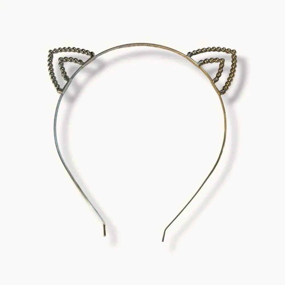 Rhinestone Double Cat Ear Metal Headband Silver Tone One Size